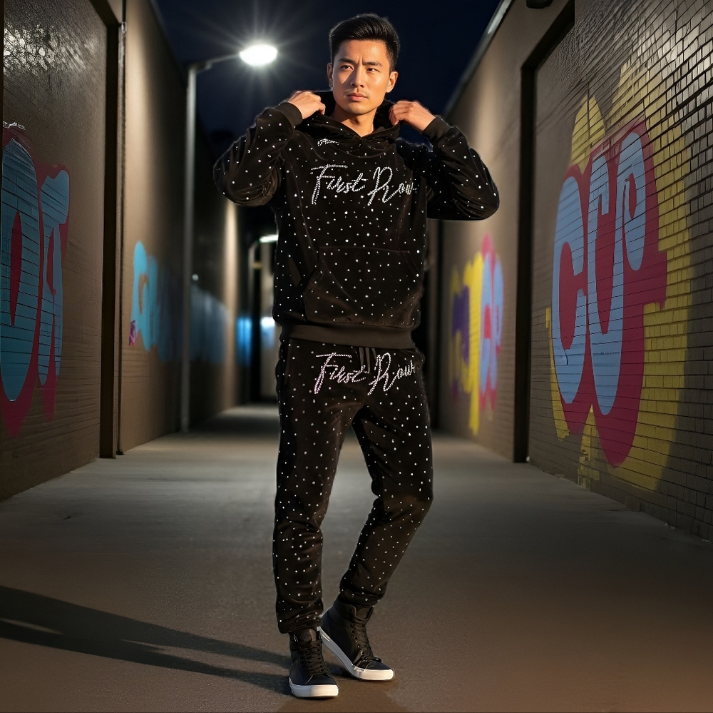FIRST ROW Unisex Medium Black Jogger Hoodie SET w/Rhinestone Embellishments NWT